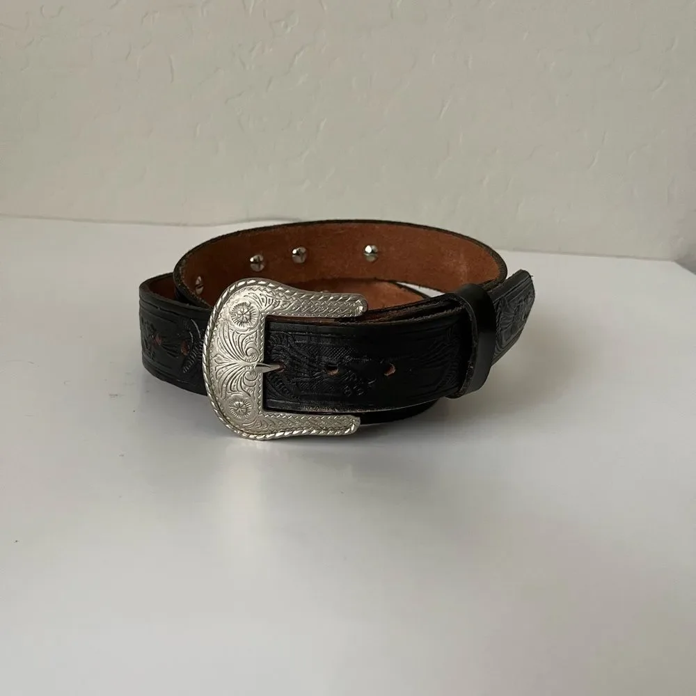 Western Embossed Tooled Leather Metal Detail Handmade Belt Black and Silver